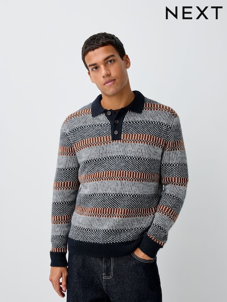 Navy Blue Regular Fit Stripe Long Sleeve Knit Polo Shirt (F26305) | 188 QAR