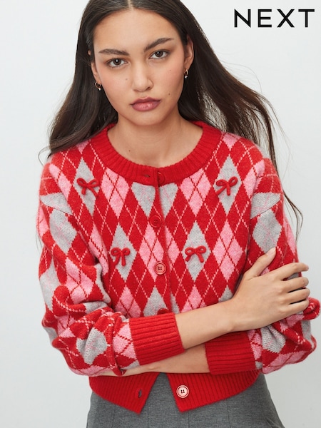 Rdeči argyle pentlje - Crew Neck Knitted Cardigan (F26314) | € 43