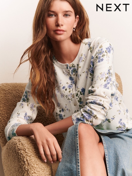 Ecru Floral Slim Super Soft Crew Neck Cardigan with Wool (F26318) | €45