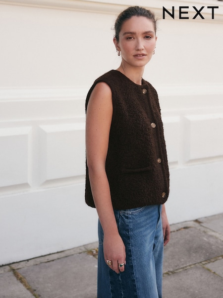 Chocolate Brown Boucle Knitted Gilet With Wool (F26323) | €41