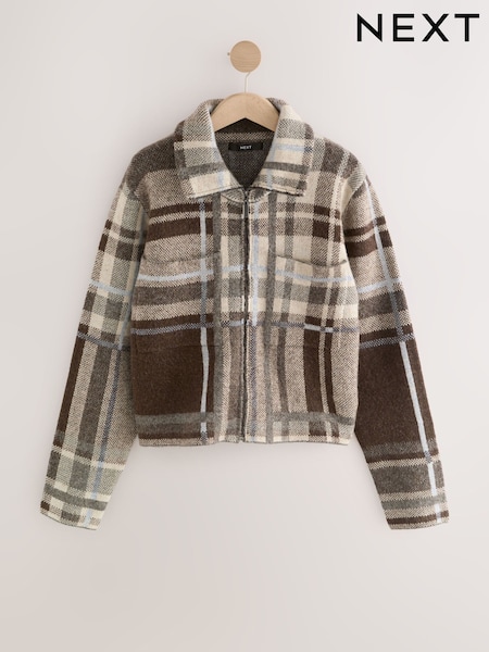 Brown Check Knitted Zip Bomber Jacket With Wool (F26334) | €52