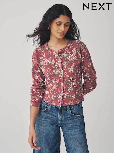 Berry Red Floral Print - Slim Super Soft Crew Neck Cardigan with Wool (F26339) | € 45