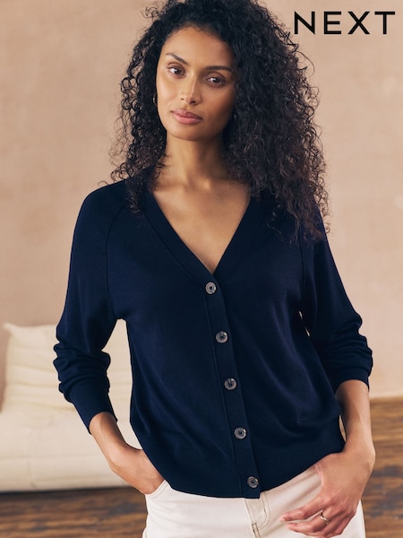 Navy Blue Soft Touch V-Neck Cotton Rich Button Up Cardigan (F26344) | €21