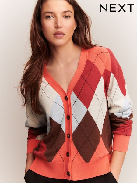 Bright Pink Argyle Check Soft Touch V-Neck Cotton Rich Button Up Cardigan (F26346) | €36