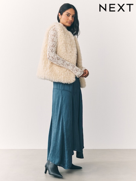 Teal Blue Crinkle Satin Asymetric Midi Skirt (F26347) | €49