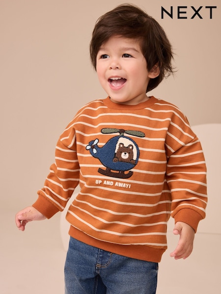 Tan Brown Ecru Stripe Bear Appliqué Crew Neck Jersey Sweatshirt (3mths-7yrs) (F26352) | €14 - €16.50