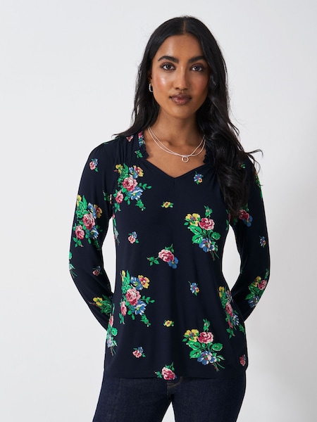 Crew Clothing Blue Long Shirred Sleeve V-Neck Top (F26453) | AED227