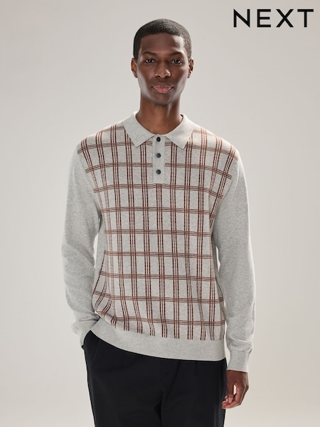 Grey Regular Fit Check Knit Long Sleeve Polo Shirt (F26496) | €38