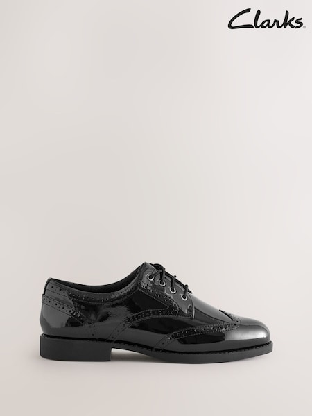 Clarks Black Patent Wide Fit (G) Older Girls Tapa Pure Leather Brogues (F26598) | €51 - €53