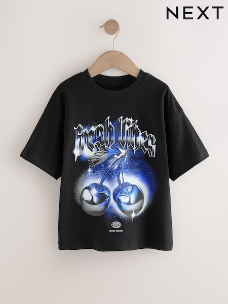 Black/Blue Fresh Vibes Relaxed Fit Short Sleeve Graphic Print T-Shirt (3-16yrs) (F26625) | 40 QAR - 54 QAR