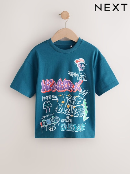 Teal Blue Graffiti Relaxed Fit Short Sleeve Graphic Print T-Shirt (3-16yrs) (F26628) | €15 - €20