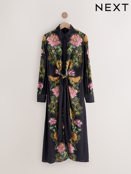Black Floral Twist Front Maxi Shirt Dress (F26648) | 323 QAR