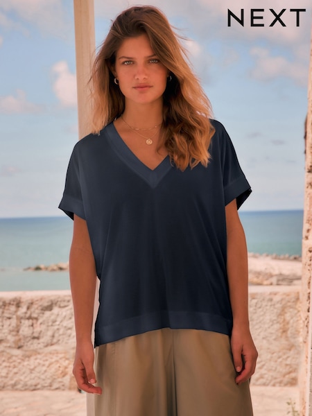 Navy V-Neck Premium Modal Short Sleeve Top (F26653) | 99 QAR