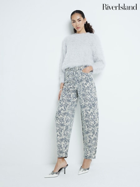 River Island Grey Seamed Snake Print Barrel 100% Cotton Jeans (F26762) | €40