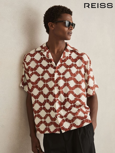 Reiss Off White/Rust Makarb Abstract Floral Print Cuban Shirt (F26773) | $198
