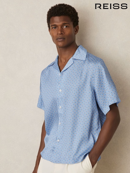 כחול רך - Reiss Barella Geometric Wave Print Cuban Shirt (F26774) | ‏714‏₪