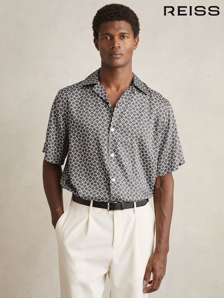 Reiss Black/White Barella Geometric Wave Print Cuban Shirt (F26780) | €142