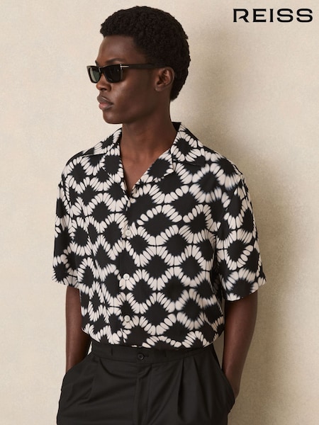 Reiss Black Multi Makarb Abstract Floral Print Cuban Shirt (F26783) | $198