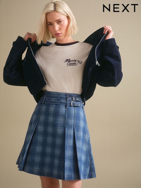 Albastru denim - Belted Kilt Skirt (F26801) | 217 LEI