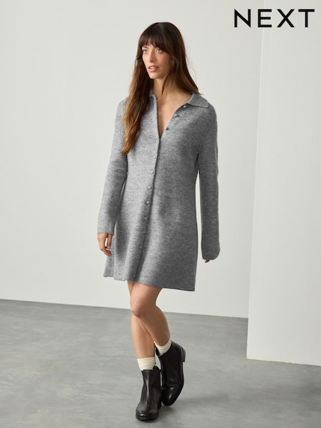 Grey Button Down Long Sleeve Collar Knitted Dress (F26809) | €43