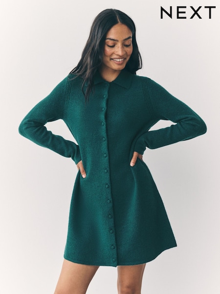 Teal Blue Button Down Long Sleeve Collar Knitted Dress (F26811) | €43
