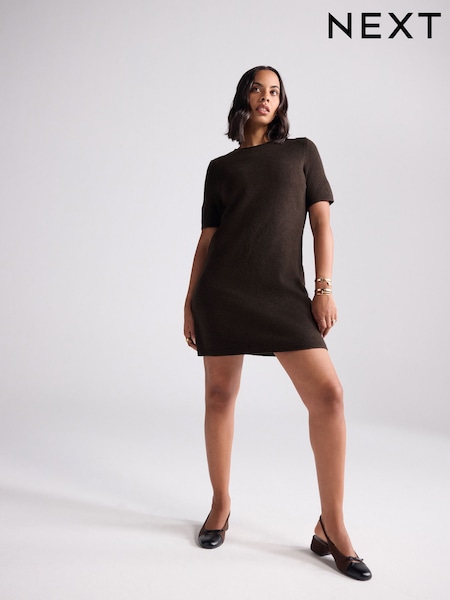 Chocolate Brown Roll Edge Knitted Mini Dress With Wool (F26812) | €46