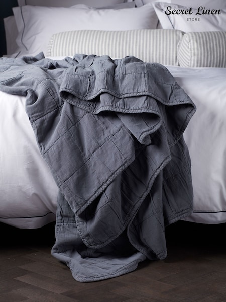 Secret Linen Store French Blue Finn 100% Cotton Quilted Throw (F26816) | 638 QAR