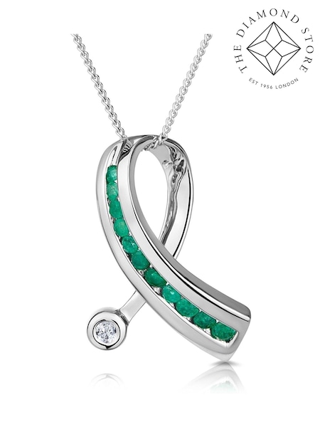 The Diamond Store Emerald And Diamond 0.02CT Ribbon Pendant Necklace in 9K White Gold (F26849) | €420