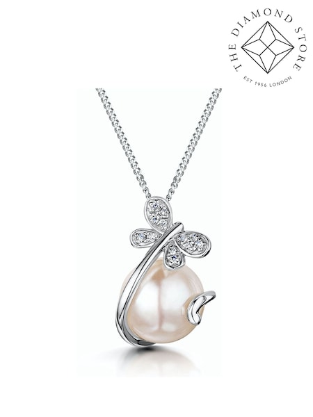 The Diamond Store 9K White Gold Button Pearl and Diamond Stellato Pendant Necklace (F26869) | €287