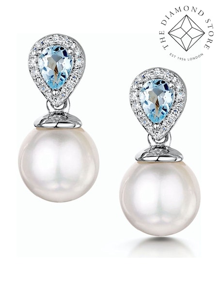 The Diamond Store 9K White Gold 7.5mm Pearl Blue Topaz and Diamond Stellato Earrings (F26884) | €492