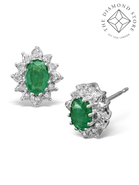 The Diamond Store Green 9K White Gold Tone Emerald 6 x 4mm And Diamond Cluster Earrings (F26889) | €612