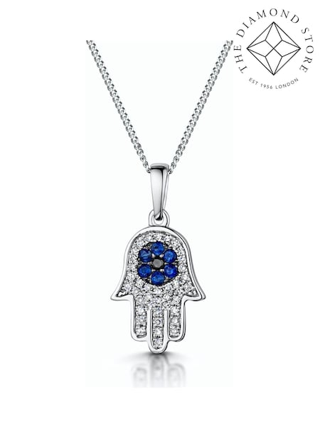 The Diamond Store Blue Sapphire Black Diamond Hamsa Evil Eye Pendant 9K White Gold Tone Necklace (F26932) | €471