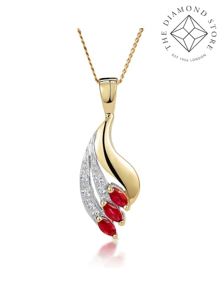 The Diamond Store 9K Yellow Gold Red Ruby 4 x 2mm And Diamond Pendant Necklace (F26942) | €318