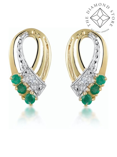 The Diamond Store Green 9K Yellow Gold Tone Emerald 8 x 15mm And Diamond Earrings (F26944) | €344