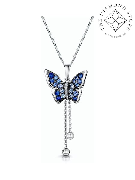 The Diamond Store Blue Stellato Sapphire Diamond Butterfly Pendant 9K White Gold Tone Necklace (F26960) | €510