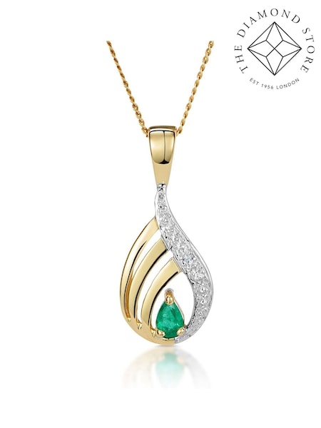 The Diamond Store 9K Yellow Gold Green Emerald 4 x 3mm And Diamond Pendant Necklace (F26972) | €253