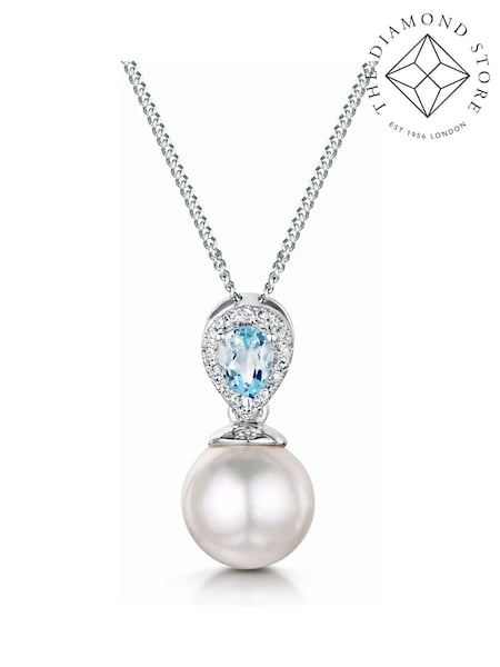 The Diamond Store 9K White Gold Pearl and Blue Topaz Diamond Pendant Necklace (F27000) | €300