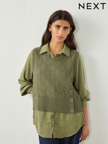 Verde cáqui - Knitted Tank Shirt Layer With Button Detail (F27013) | R$ 330