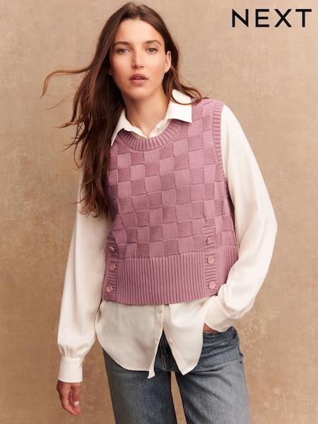 Rosa blush - Knitted Tank Shirt Layer With Button Detail (F27014) | R$ 330