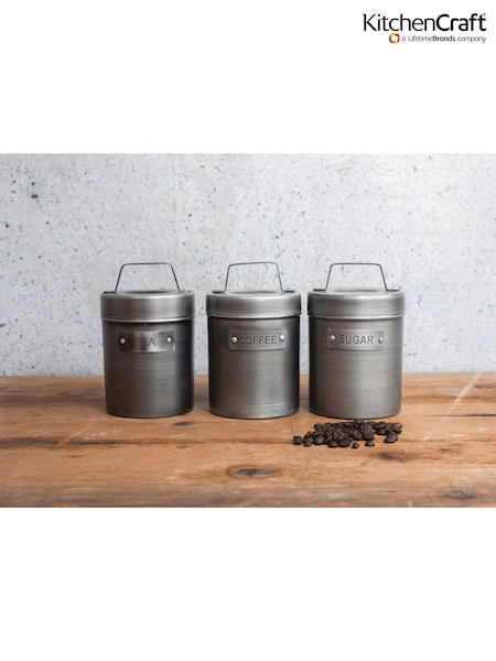 Kitchencraft Set of 4 Grey Metal Coffee Sugar and Tea Canisters (F27155) | €64