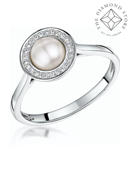 The Diamond Store 9K White Gold Pearl And 0.08ct Diamond Stellato Ring (F27278) | €479
