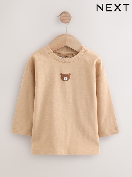 Tan Brown Bear Long Sleeves Semi Plain T-Shirt (3mths-7yrs) (F27386) | €6 - €8