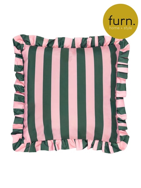 Furn Pink and Green Palm Royale Stripe Ruffle Outdoor Cushion (F27410) | €29