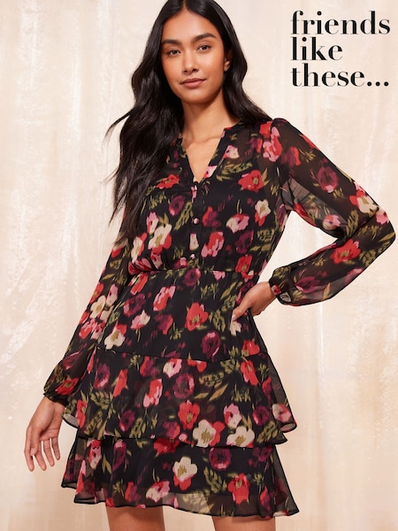 Friends Like These Black Petite Long Sleeve Printed Chiffon Mini Dress (F27428) | €46