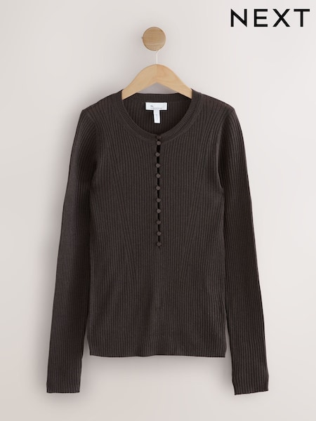 Chocolate Brown 100% Merino Wool Ribbed Henley Jumper (F27582) | R$ 385