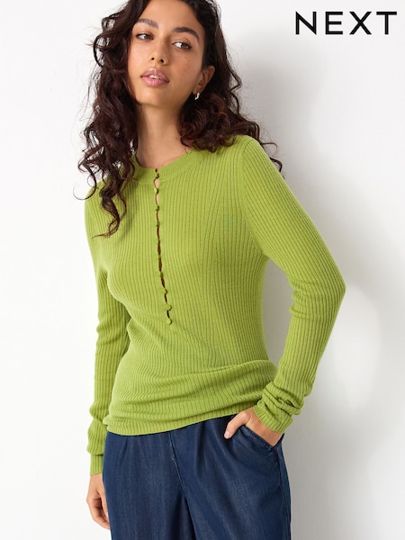 Green 100% Merino Wool Ribbed Henley Jumper (F27583) | AED185