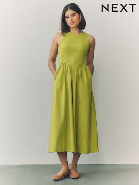 Lime Green Woven Jersey Mix Sleeveless Racer Ribbed Midi Dress (F27587) | €41.50