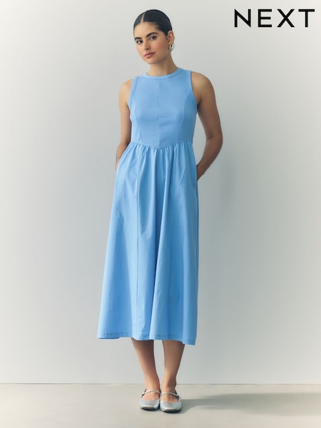Bright Blue Woven Jersey Mix Sleeveless Racer Ribbed Midi Dress (F27589) | €41.50