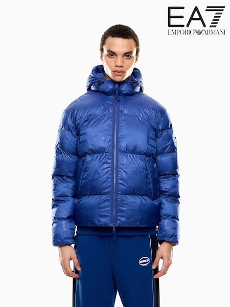EA7 Blue All Over Logo Hooded Down Jacket (F27608) | €396