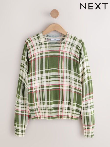 Green Pink Check Soft Touch Crew Neck Cotton Rich Jumper (F27639) | €31